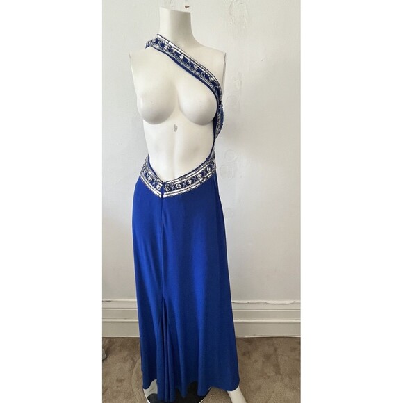 Betsy And Adam Beaded One Shoulder Floor Length Dress Gown 4 Blue Winter Holiday - Picture 2 of 13